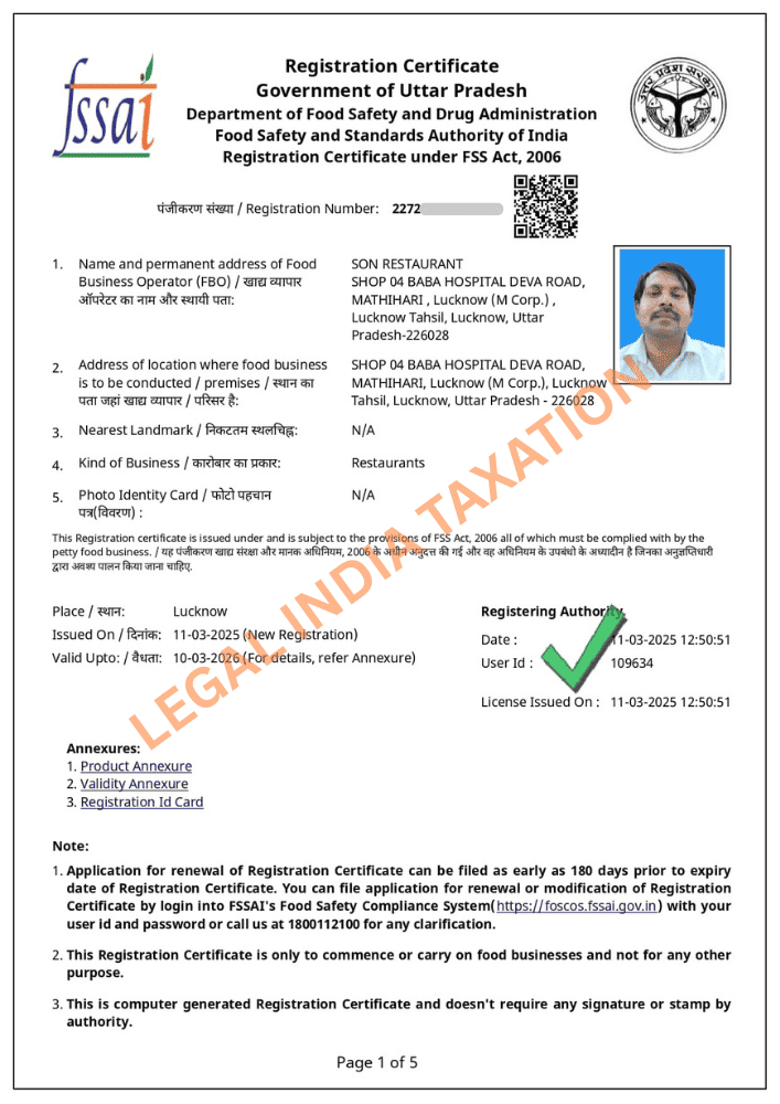 Food License Certificate Sample India
