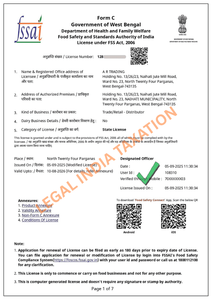 FSSAI Food License Certificate issued by the Food Safety Authority.